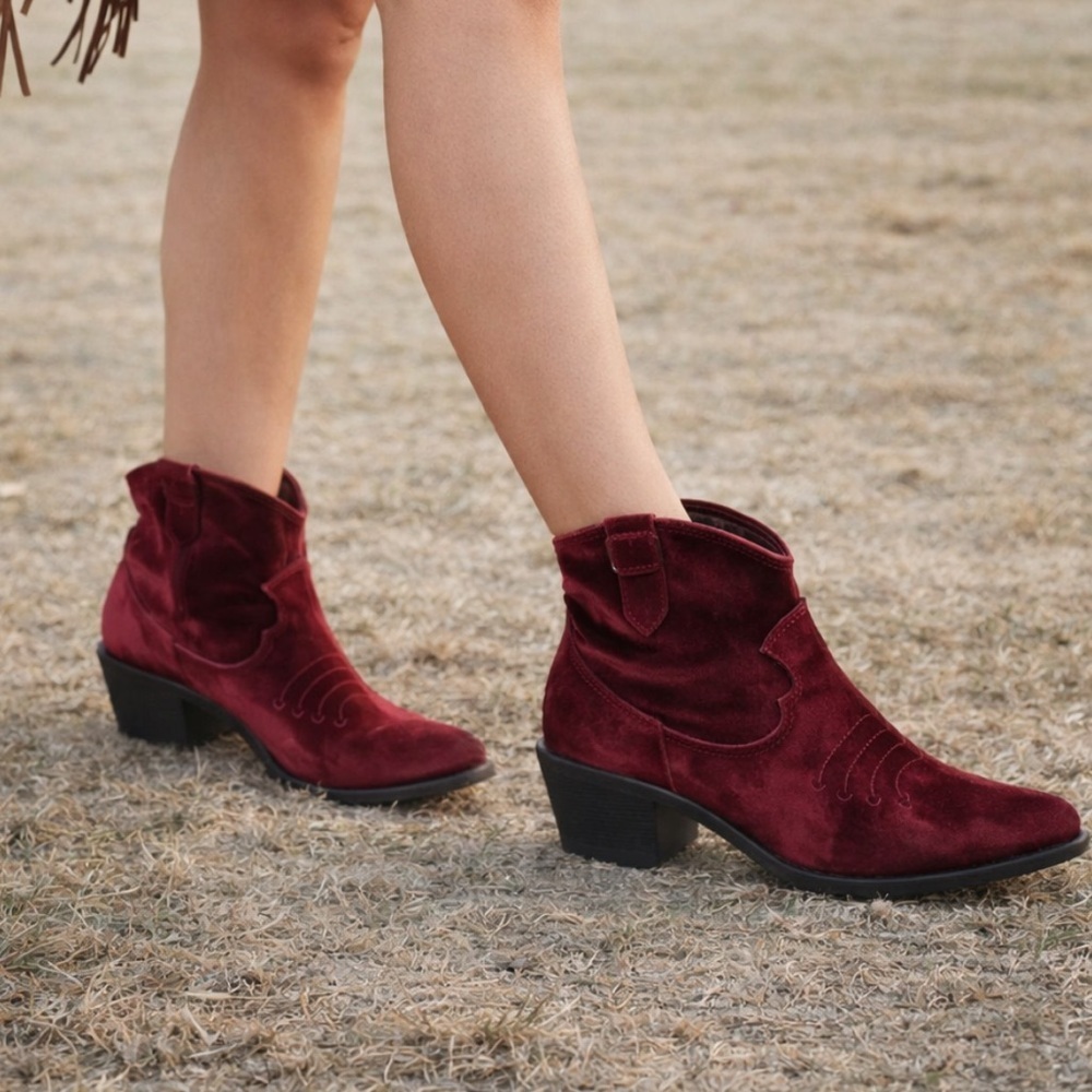 GIO+ Burgundy Velvet Western Ankle Boots Country Festival Boho Booties